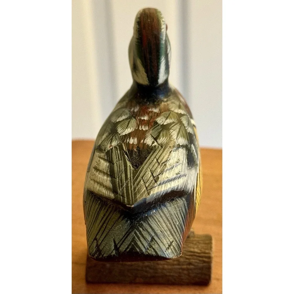VINTAGE HAND Carved & PAINTED Wooden WOOD DUCK ON LOG 4